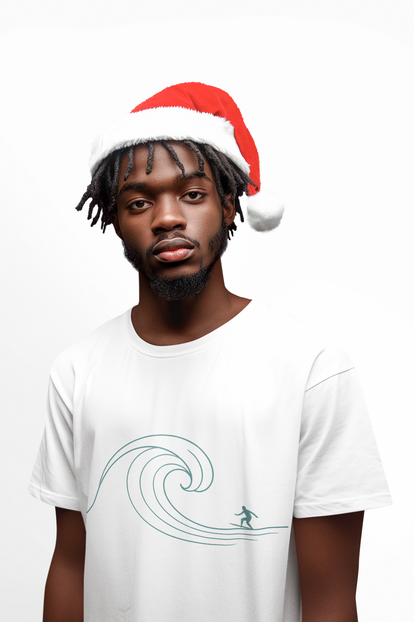 Minimalist Beach Wave Stamp Unisex Tee - Surfer Silhouette Monochrome/Teal