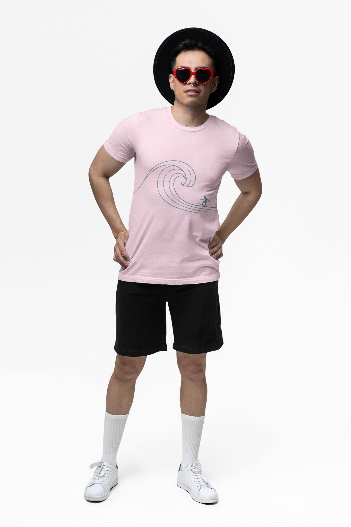 Minimalist Beach Wave Stamp Unisex Tee - Surfer Silhouette Monochrome/Teal