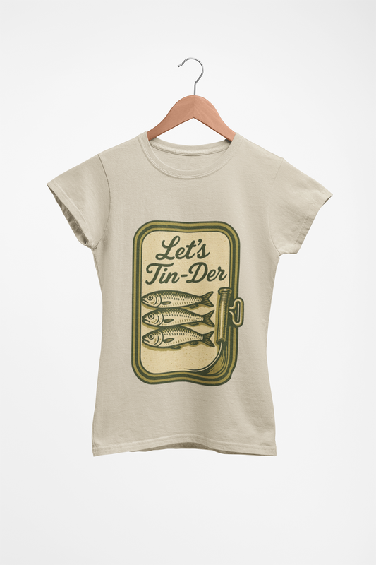 Vintage Sardine Tin Label Unisex T-Shirt, Let's Get Tin-timate Design, Olive/Cream Colors, 7 Tinned Fish Date Night Tee, 1950s Diner Script
