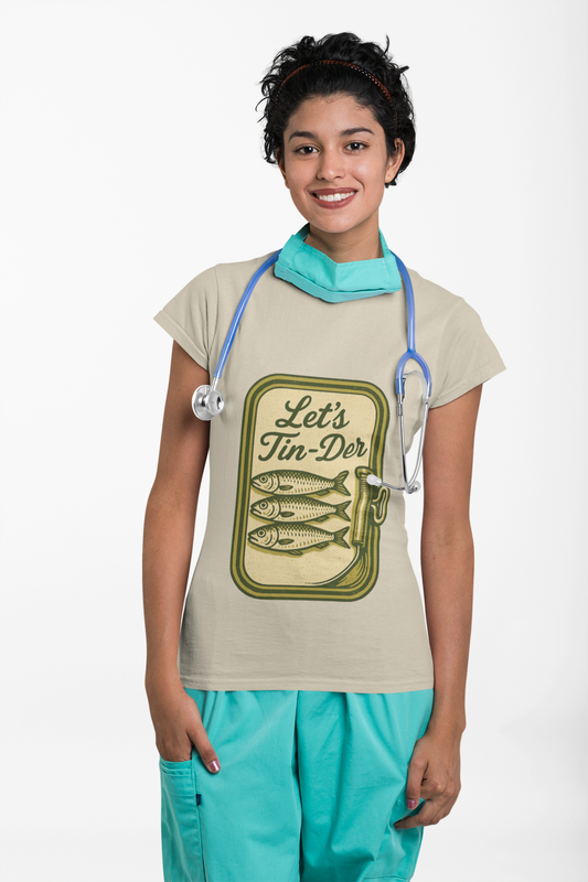 Vintage Sardine Tin Label Unisex T-Shirt, Let's Get Tin-timate Design, Olive/Cream Colors, 7 Tinned Fish Date Night Tee, 1950s Diner Script