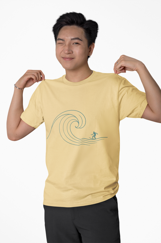 Minimalist Beach Wave Stamp Unisex Tee - Surfer Silhouette Monochrome/Teal